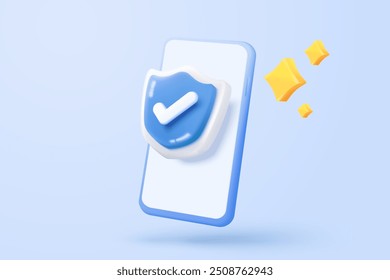 3D mobile phone with shield security icon for online shopping, online payment with protection. Application safety using a smartphone concept. 3d mobile phone safety vector icon render illustration