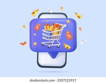 3D Mobile phone with shopping cart full, online shopping vector illustration, online ordering notification concept. 3D ecommerce website, order delivery service modern 3D cartoon icon design isolated