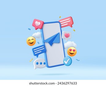 3d mobile phone with social network communication. Social media marketing. Smile emoticon and message concept. 3d rendering. Vector illustration