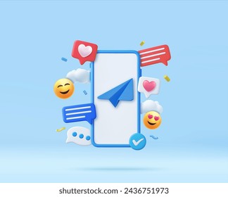 3d mobile phone with social network communication. Social media marketing. Smile emoticon and message concept. 3d rendering. Vector illustration