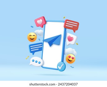 3d mobile phone with social network communication. Social media marketing. Smile emoticon and message concept. 3d rendering. Vector illustration