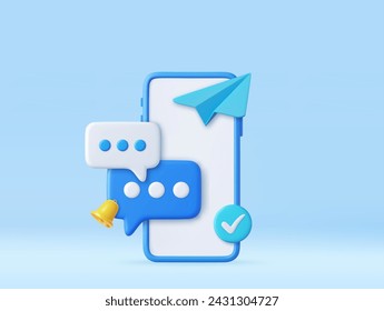 3D Mobile Phone with Speech bubble messages. Online chatting via smartphone with bell notification. Social media marketing concept. 3d rendering. Vector illustration