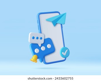 3D Mobile Phone with Speech bubble messages. Online chatting via smartphone with bell notification. Social media marketing concept. 3d rendering. Vector illustration