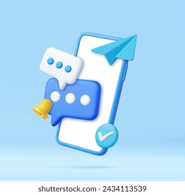 3D Mobile Phone with Speech bubble messages. Online chatting via smartphone with bell notification. Social media marketing concept. 3d rendering. Vector illustration