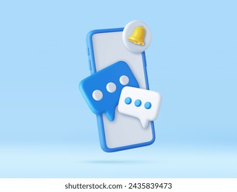 3D Mobile Phone with Speech bubble messages. Online chatting via smartphone with bell notification. Social media marketing concept. 3d rendering. Vector illustration