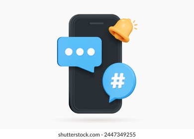 Teléfono móvil 3D con mensaje de burbuja de voz y notificación de campana. Comunicación en línea. Mención del hilo de comentarios o respuesta del usuario. Chat en redes sociales. Icono de diseño creativo de dibujos animados. Ilustración vectorial 3D