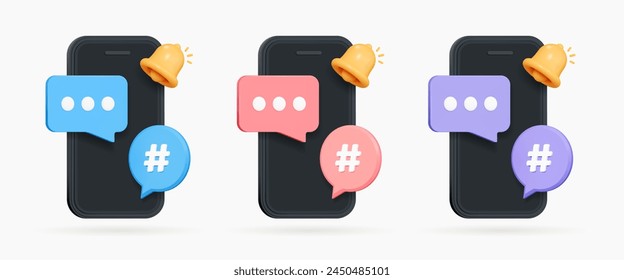 3D Mobile phone with speech bubble message and bell notification. Online communication. Comments thread mention or user reply. Social media chat. Cartoon creative design icons. 3D Vector illustration