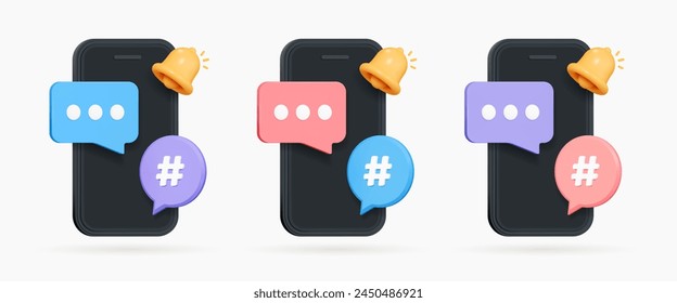 3D Mobile phone with speech bubble message and bell notification. Online communication. Comments thread mention or user reply. Social media chat. Cartoon creative design icons. 3D Vector illustration