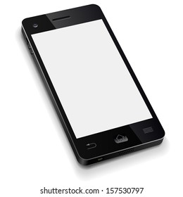 3D mobile phone template with blank white screen realistic vector illustration.