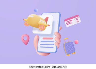 3D mobile phone with ticket for flight airplane, suitcase, tourism and travel planning with flight plane. 3d travel booking and service. 3d icon vector airplane with phone in hand render illustration - Shutterstock ID 2159081719