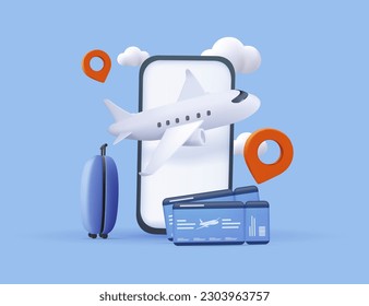 3D mobile phone with ticket for flight airplane, suitcase, tourism and travel planning with flight plane. 3d travel booking and service. 3d icon vector airplane with phone render illustration - Shutterstock ID 2303963757