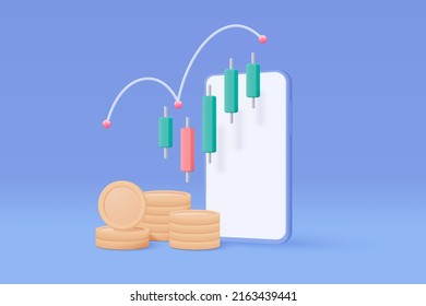 3D mobile phone trading funding business graph on creative solution. 3d money coin growing business for finance, investment, notification online payment. 3d trading mobile vector icon illustration