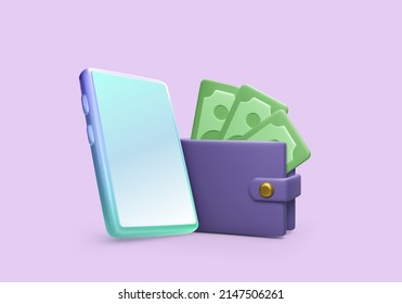 3d mobile phone wallet with paper currency . Online payment or transaction concept. Global wireless financial management app. Vector illustration