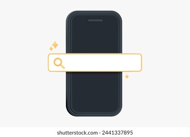 3D Mobile phone with yellow search bar. Navigation search for browser. Smartphone with website. Find information online. SEO internet marketing. Cartoon design icon isolated on white background