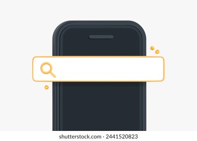 3D Mobile phone with yellow search bar. Navigation search for browser. Smartphone with website. Find information online. SEO internet marketing. Cartoon design vector icon isolated on white background