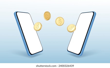 3D mobile phones with coins. Online payment concept. Money transfer on smartphones. Mobile wallet. Cashback and banking. Vector 3d illustration