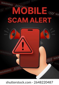3d mobile scam alert banner template  with hand holding a smart phone with red exclamation and megaphone icon, isolated on dark background. 