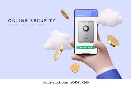 3D mobile security concept. Smartphone or mobile phone with safe. Vector illustration