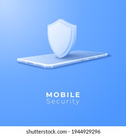 3D Mobile with shield security concept. Digital technology data protection. Application online safety concept. Vector art illustration background