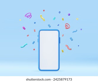 3d Mobile smart phone with celebratory confetti flying around. Winner concept. 3d rendering. Vector illustration