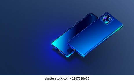 3d mobile smart phone is turned up of camera. Shiny, blue phone hanging on dark grey background. Camera of cellphone look at up. Smartphone in neon light on black. Case mobile smartphone back view.