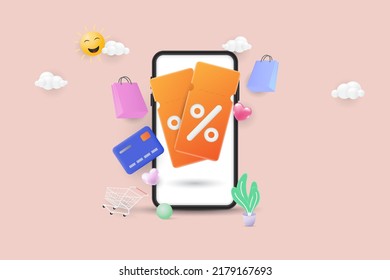 3d mobile smartphone with coupon discount. Special offers advertisement. 3D Vector Illustration.