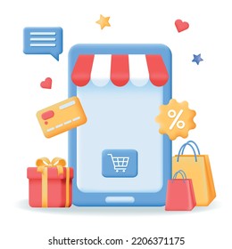 3D mobile smartphone with shopping bags and gift box. Online sale, store or shopping on application and website concept. Vector illustration isolated on the white background.