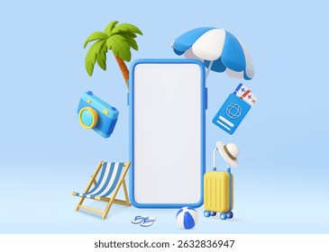 3D mobile travel planning with smartphone surrounded by vacation icons like suitcase, passport, umbrella, and camera. holiday summertime concept. 3d rendering. Vector illustration