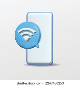 3d móvil con signo Wi-Fi en el icono de la burbuja de voz para sitio web, etiqueta, banner, pegatina, plantilla y logotipo en fondo blanco. Diseño de ilustración vectorial de estilo 3d.