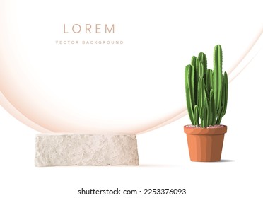 3d Mock up Brown cream podium with Cactus. Pedestal stage for product and cosmetic presentation. Abstract colorful scene for advertising. Sale promotion background.