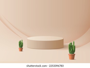 3d Estadio de crema marrón maquillada con mini tema del desierto de Cactus y Sands. Fase peatonal para presentación de productos y cosméticos. Resumen de la escena colorida para la publicidad. Antecedentes de la promoción de ventas.