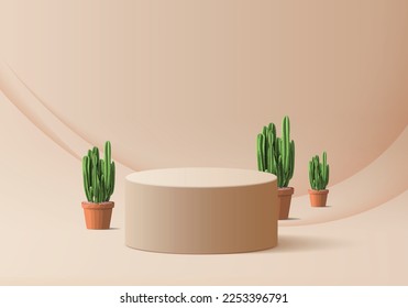 3d Estadio de crema marrón maquillada con mini tema del desierto de Cactus y Sands. Fase peatonal para presentación de productos y cosméticos. Resumen de la escena colorida para la publicidad. Antecedentes de la promoción de ventas.