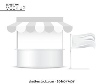 3D Mock up Realistic Booth Display POP for Shop Sale Marketing Promotion Exhibition with Metallic and Flag Template Background Illustration