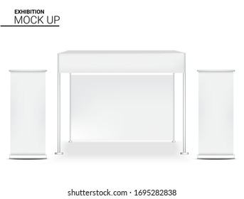 3D Mock up Realistic Booth Display POP for Shop Sale Marketing Promotion Exhibition with Roll up Banner Template Background Illustration