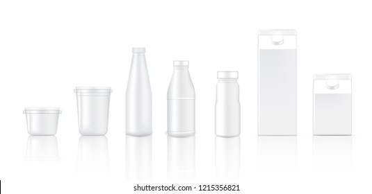 3D Mock up Realistic Bottle, Cup and box for Milk, Yogurt food and Drink product packaging isolated Background.