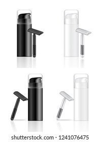3D Mock up Realistic Bottle Shaving Cosmetic Cream and  Razor for moustache for man and hair women for silky smooth skin background illustration vector