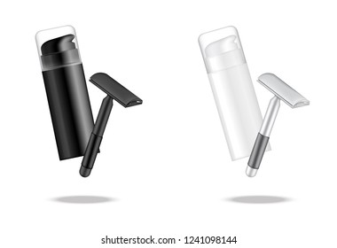 3D Mock up Realistic Bottle Shaving Cosmetic Cream and  Razor for moustache for man and hair women for silky smooth skin background illustration vector