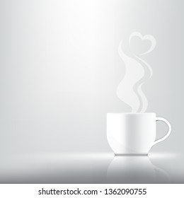 3D Mock up Realistic a cup of coffee, tea or hot milk for Drink product with heart smoke Abstract Background.