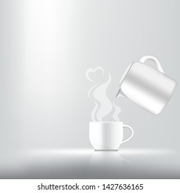 3D Mock up Realistic a cup of coffee, tea or hot milk for Drink product with heart smoke Abstract Background.