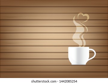 3D Mock up Realistic a cup of coffee, tea or hot milk for Drink product with heart smoke Abstract on wooden Background.