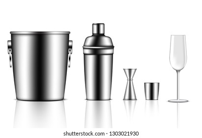 3D Mock up Realistic Metallic Shaker Bottle, Ice Bucket, Jigger and Wine Glass For Cocktail Alcohol Party event isolated Background.