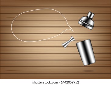3D Mock up Realistic Metallic Shaker Bottle For Cocktail Alcohol Party event isolated on Wooden Background.