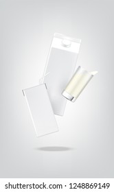 3D Mock up Realistic Milk Carton Pack Box and Glass for food and Drink product packaging Background.