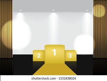 3D Mock up Realistic Open Gold Curtain on Metallic Stage or Cinema for Show, Concert or Presentation with Spotlight background illustration vector