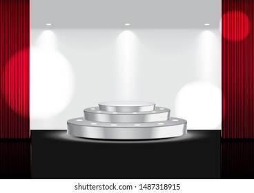 3D Mock up Realistic Open Red Curtain on Metallic Stage or Cinema for Show, Concert or Presentation with Spotlight background illustration vector