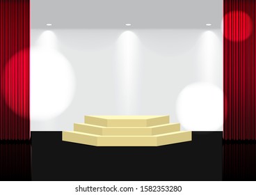 3D Mock up Realistic Open Red Curtain on Gold Stage or Cinema for Show, Concert or Presentation with Spotlight background illustration vector