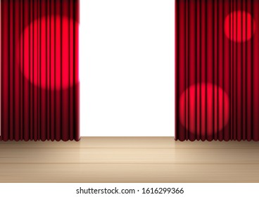 3D Mock up Realistic Open Red Curtain on Wooden Stage or Cinema for Show, Concert or Presentation background illustration vector