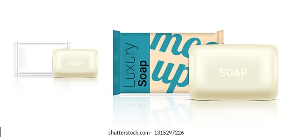 3D Mock Up Realistic Soap Bar Sachet Packaging Paper Wrap Or Plastic Pack For Advertising Design Background Illustration