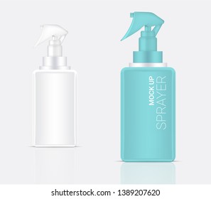 3D Mock up Realistic Spray Bottle  Cosmetic or Lotion for Skincare Product Packaging With Blue and Cap on  Background Illustration