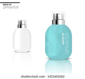 3D Mock up Realistic Spray Bottle  Cosmetic or Lotion for Skincare Product Packaging With Blue and Cap on  Background Illustration